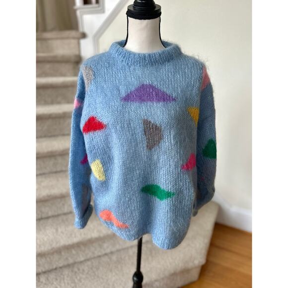 Vintage 80s Horizon Knitwear Handknit Mohair Wool Blue Abstract Shape Sweater